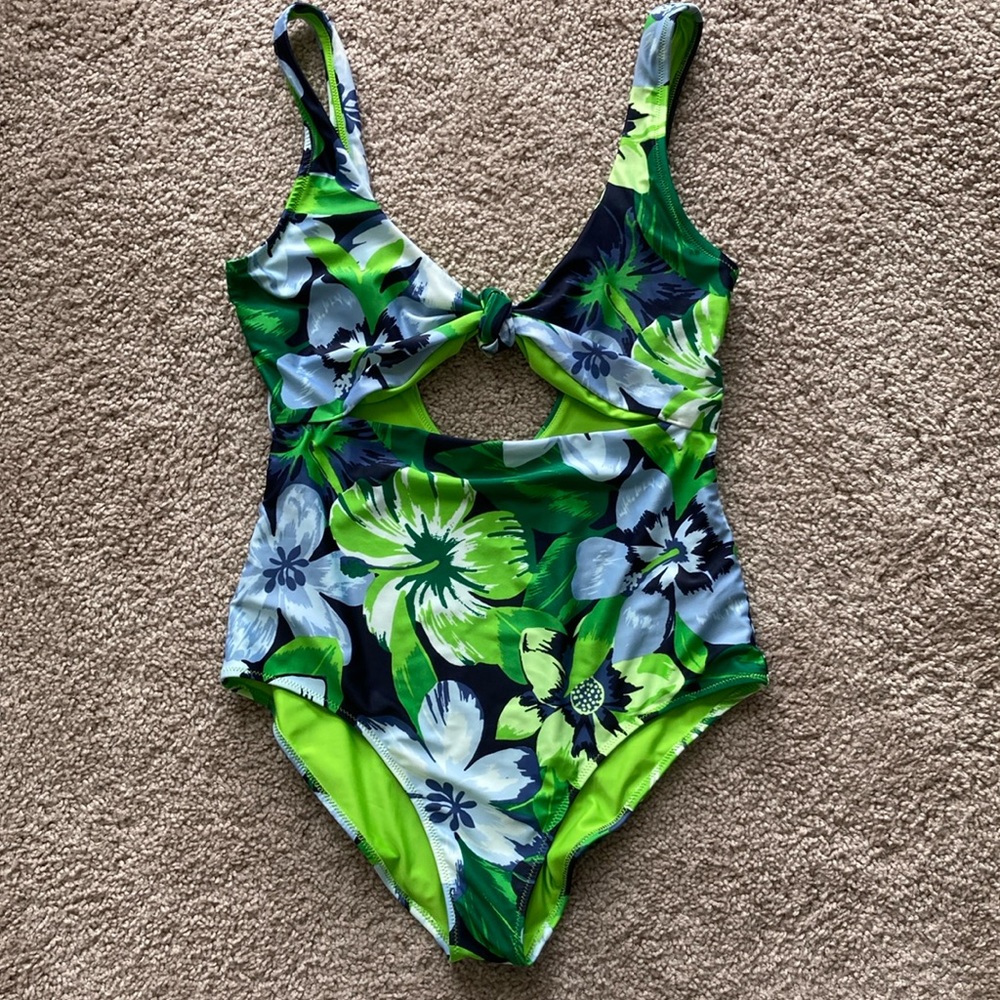 aerie Floral One-Piece Swimsuit in Lime Green, Navy & White